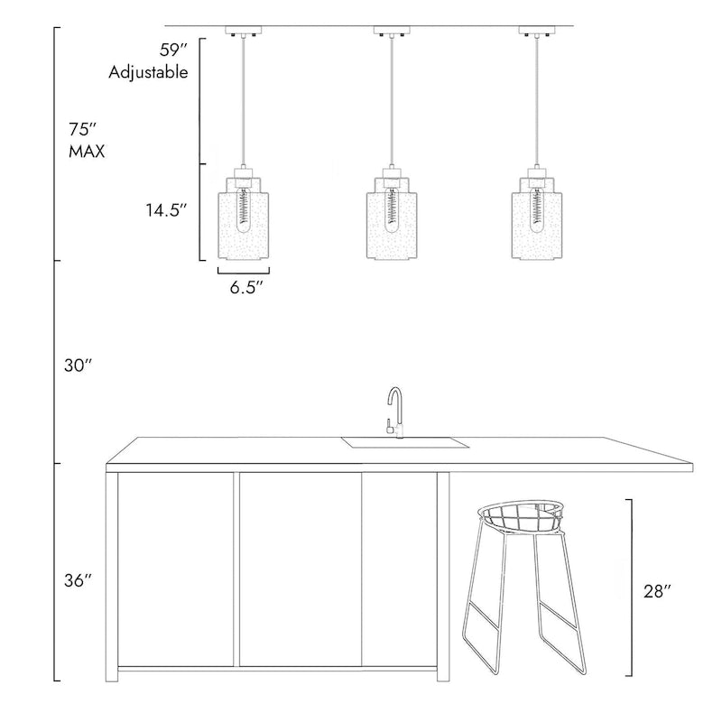 Suspension moderne cylindrique à une lumière en verre gris ondulé pour îlot de cuisine ou salle à manger - 16,5 cm de diamètre x 37 cm de hauteur