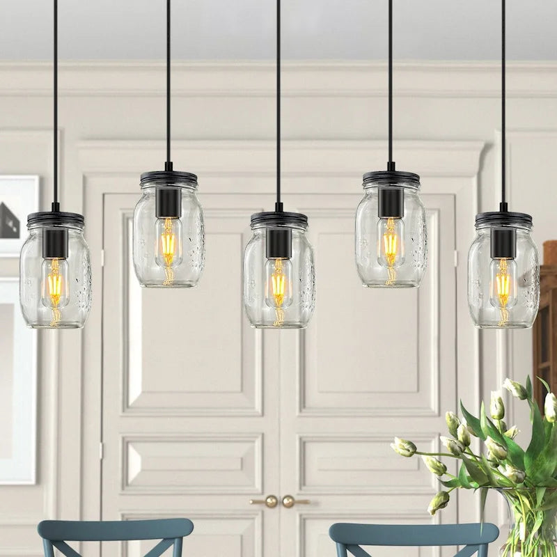 Starsky 5-Light Modern Farmhouse Linear Chandelier Cluster Glass Mason Jar Kitchen Island Light