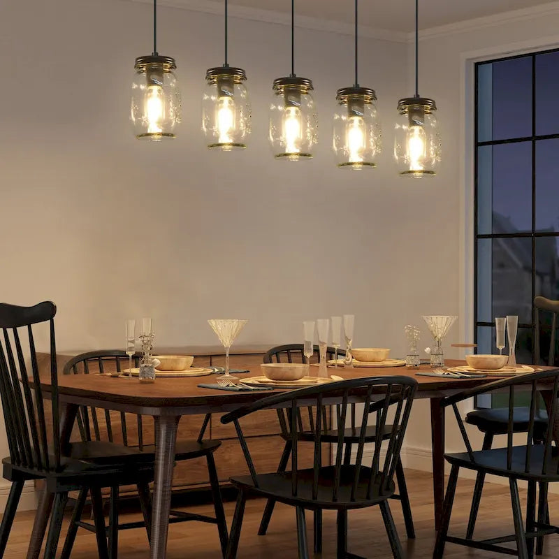Lustre linéaire moderne Starsky à 5 lumières, style ferme, composé de bocaux Mason en verre, pour îlot de cuisine.