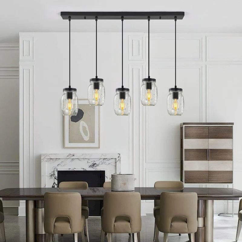 Lustre linéaire moderne Starsky à 5 lumières, style ferme, composé de bocaux Mason en verre, pour îlot de cuisine.