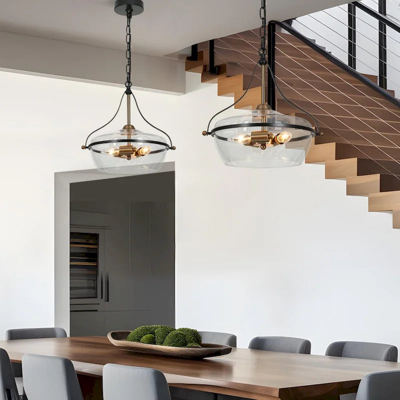 Mid-Century Modern 3-Light Glass Chandelier Black Gold Pendant Lights for Dining Room