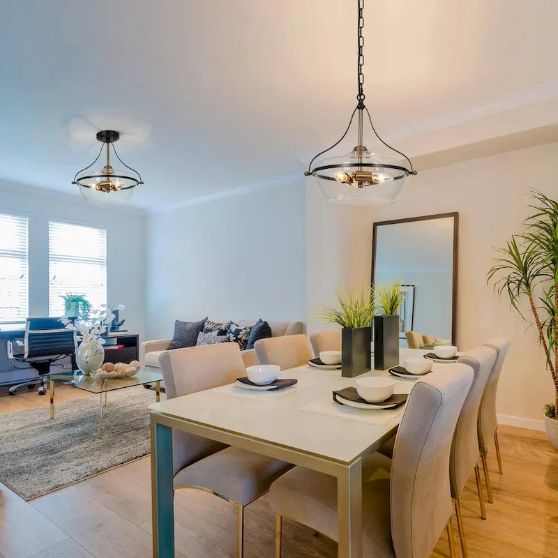 Lustre moderne du milieu du siècle à 3 lumières en verre noir et or, suspension pour salle à manger