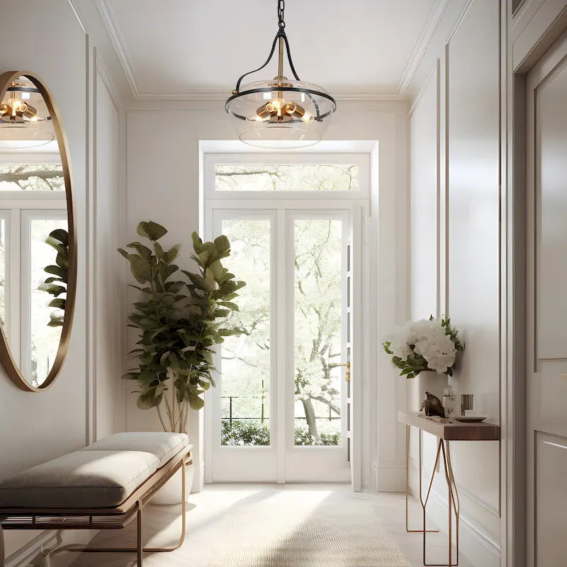 Lustre moderne du milieu du siècle à 3 lumières en verre noir et or, suspension pour salle à manger