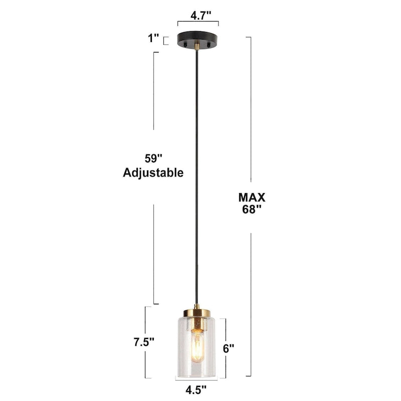 Suspension cylindrique moderne noire et dorée à une lumière en verre bullé pour cuisine ou salle à manger, idéale pour un îlot de cuisine.