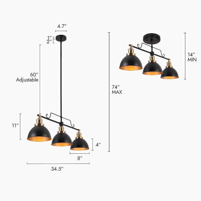 Lustre linéaire moderne à 3 lumières noir et or, style industriel, en métal, pour salle à manger - L 34,5 x l 8 x H 11