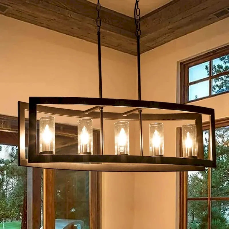 5-Light Mid-Century Modern Industrial Linear Kitchen Island Pendant Vintage Rectangle Glass Chandelier
