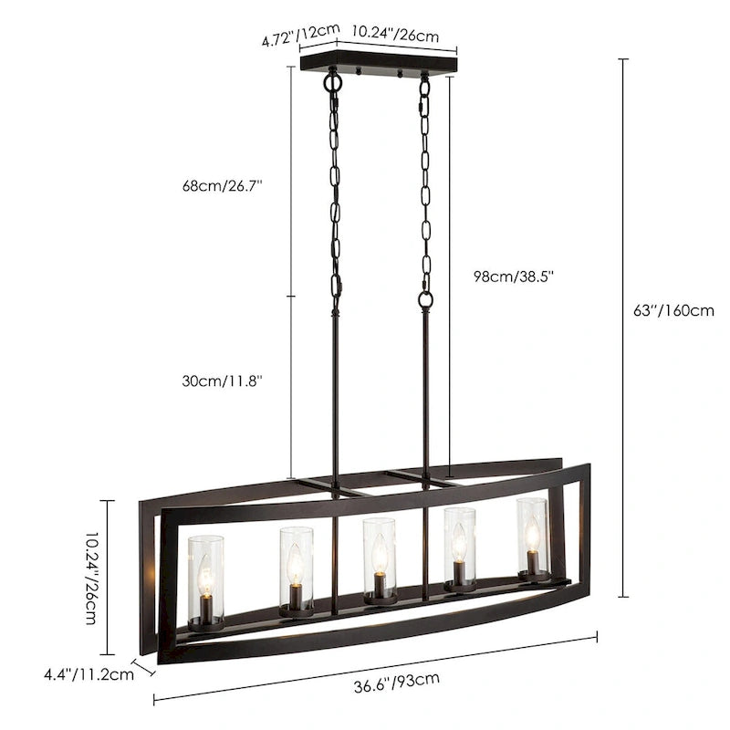 Suspension linéaire industrielle moderne du milieu du siècle à 5 lumières pour îlot de cuisine, lustre vintage rectangulaire en verre