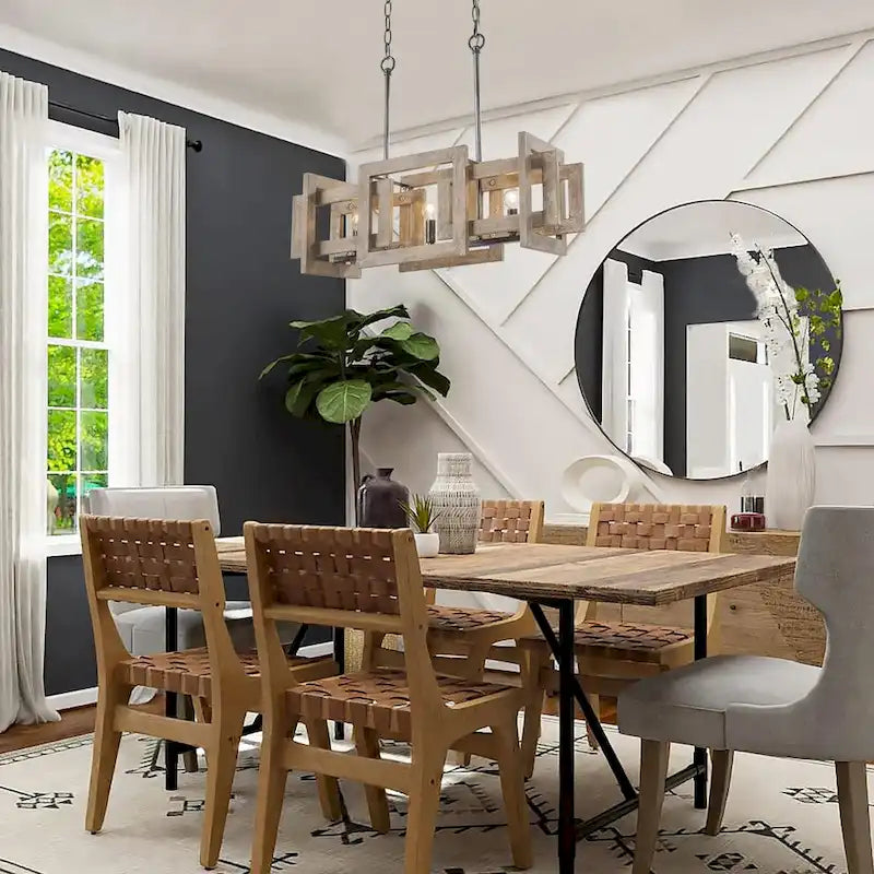 Lustre Loby Farmhouse à 3 lumières en bois massif antique, suspension linéaire rustique pour îlot de cuisine.