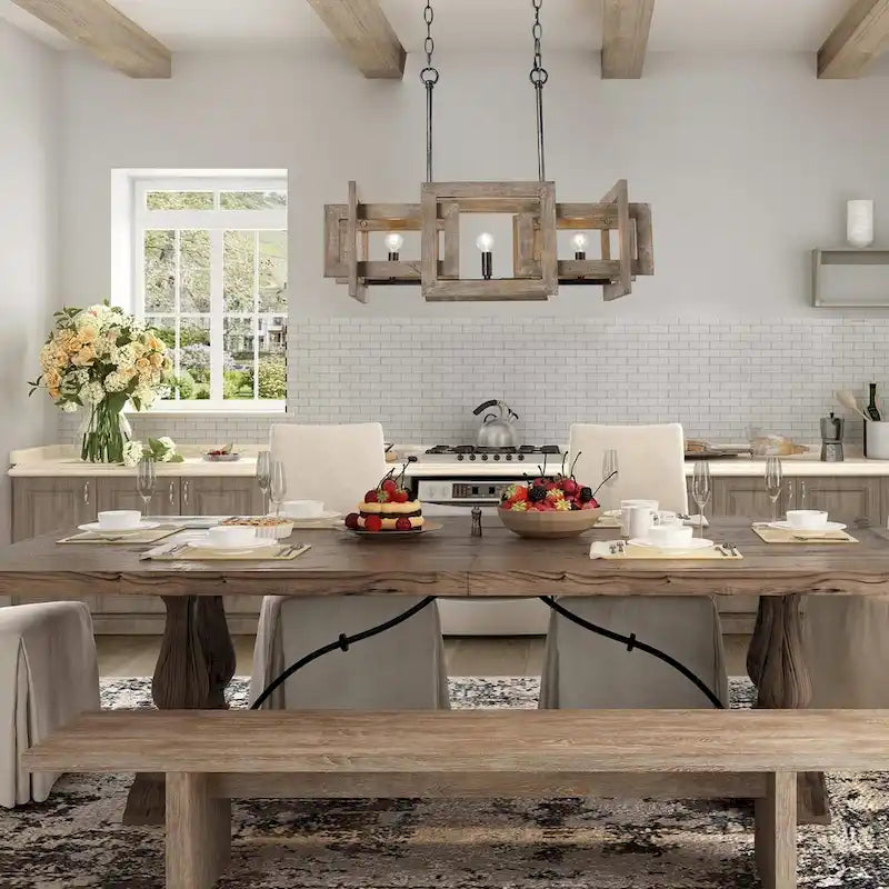 Lustre Loby Farmhouse à 3 lumières en bois massif antique, suspension linéaire rustique pour îlot de cuisine.