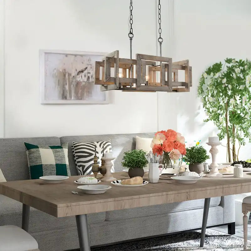 Lustre Loby Farmhouse à 3 lumières en bois massif antique, suspension linéaire rustique pour îlot de cuisine.
