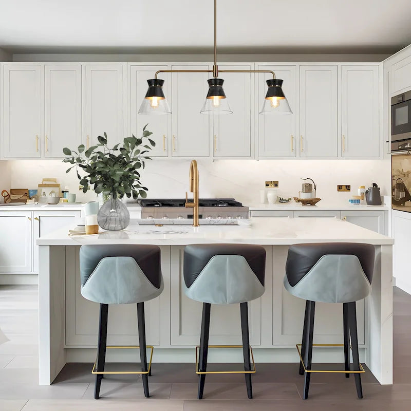 Lustre moderne noir et or à 3 lumières, suspension linéaire en verre en forme de bol pour îlot de cuisine ou salle à manger - 40 x 8,5 x 13,2