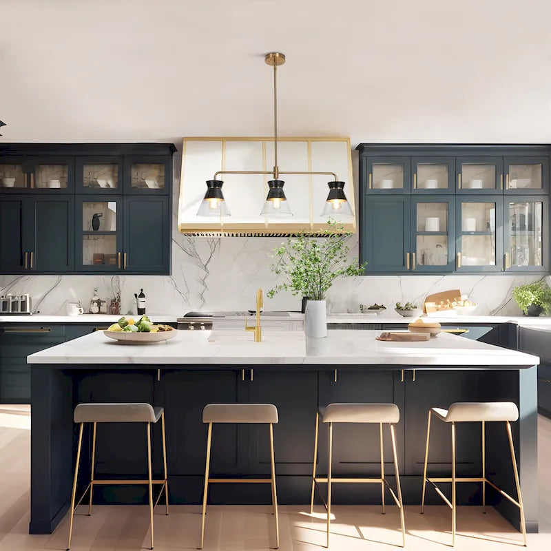 Lustre moderne noir et or à 3 lumières, suspension linéaire en verre en forme de bol pour îlot de cuisine ou salle à manger - 40 x 8,5 x 13,2