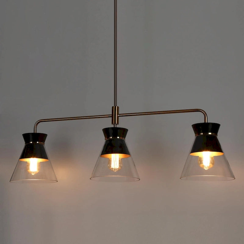 Lustre moderne noir et or à 3 lumières, suspension linéaire en verre en forme de bol pour îlot de cuisine ou salle à manger - 40 x 8,5 x 13,2
