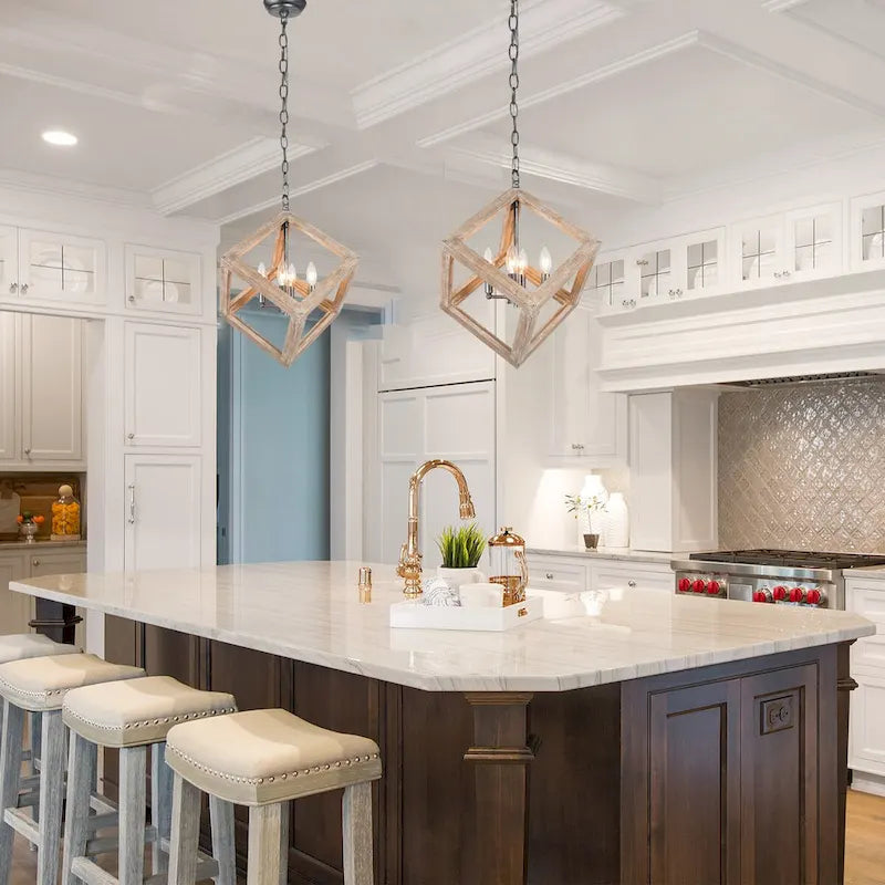 Lustre Loby Farmhouse en bois massif, suspension rustique géométrique à 4 lumières - D15,5 x H18