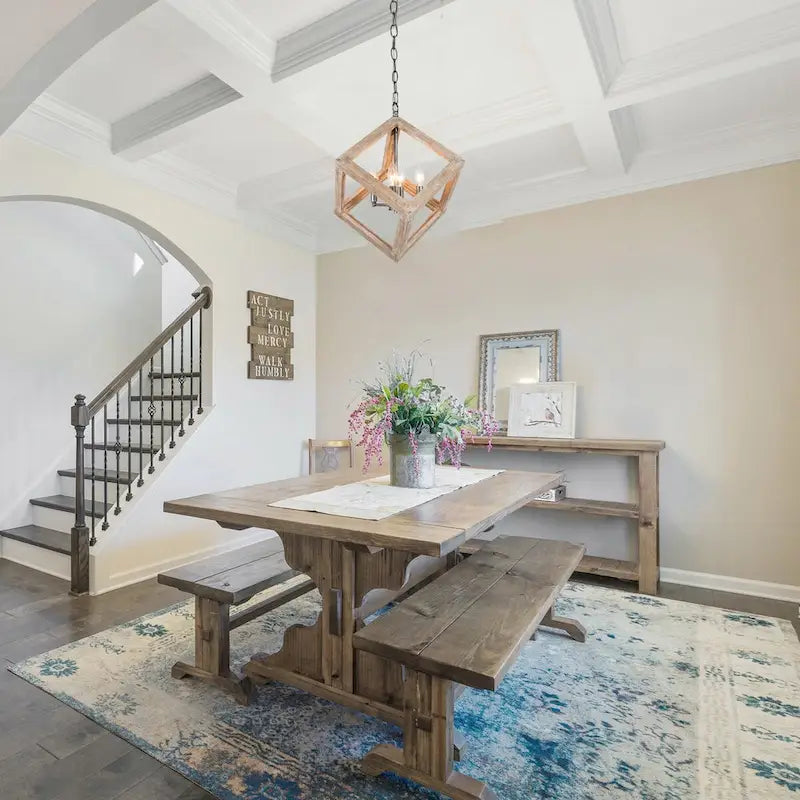 Lustre Loby Farmhouse en bois massif, suspension rustique géométrique à 4 lumières - D15,5 x H18