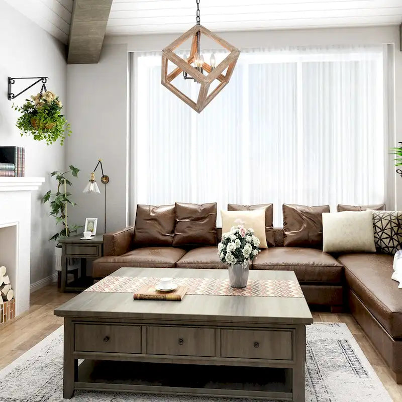 Lustre Loby Farmhouse en bois massif, suspension rustique géométrique à 4 lumières - D15,5 x H18