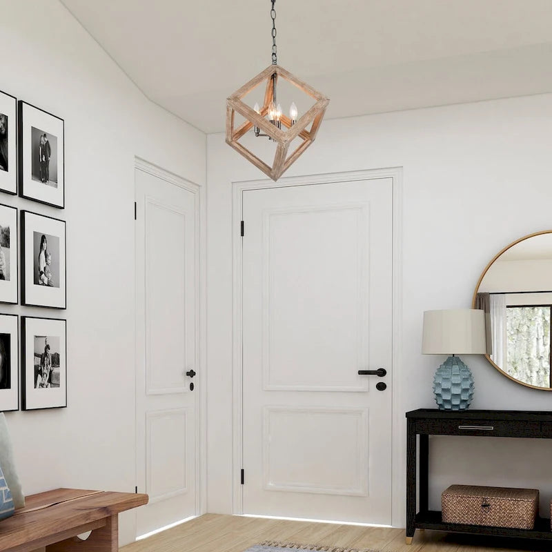 Lustre Loby Farmhouse en bois massif, suspension rustique géométrique à 4 lumières - D15,5 x H18