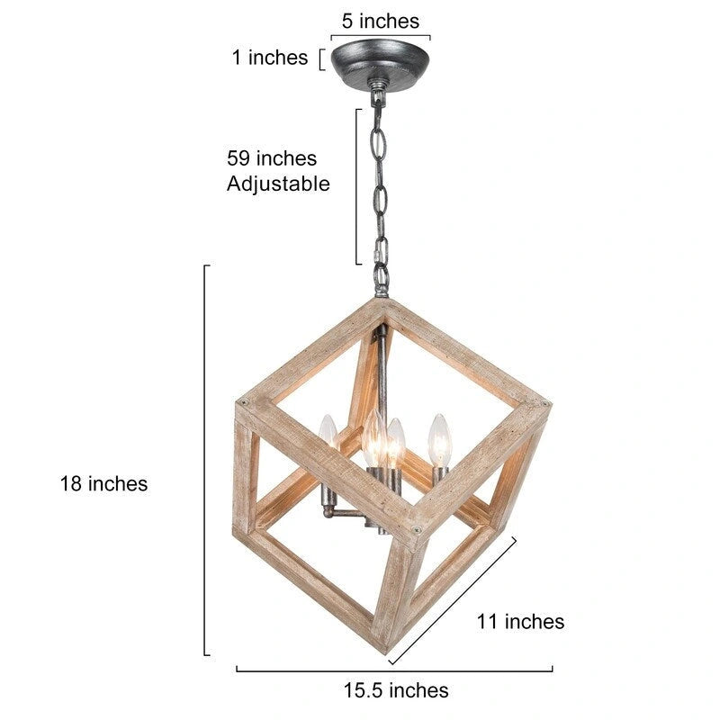 Lustre Loby Farmhouse en bois massif, suspension rustique géométrique à 4 lumières - D15,5 x H18