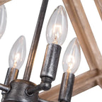 Lustre Loby Farmhouse en bois massif, suspension rustique géométrique à 4 lumières - D15,5 x H18