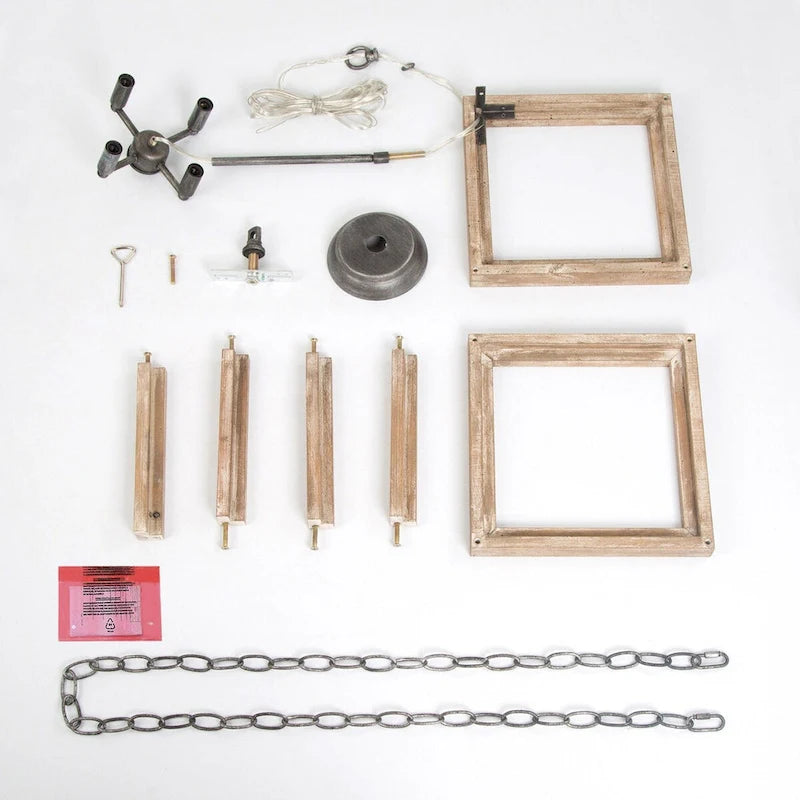Lustre Loby Farmhouse en bois massif, suspension rustique géométrique à 4 lumières - D15,5 x H18
