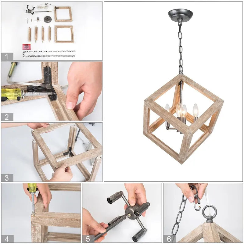 Lustre Loby Farmhouse en bois massif, suspension rustique géométrique à 4 lumières - D15,5 x H18