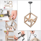 Lustre Loby Farmhouse en bois massif, suspension rustique géométrique à 4 lumières - D15,5 x H18