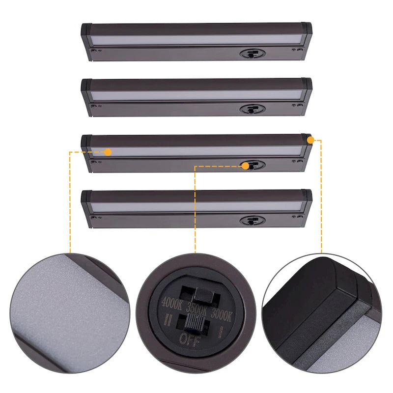 Lot de 4 spots LED intégrés pour sous-meuble, couleur bronze, intensité réglable (3000K/3500K/4000K).