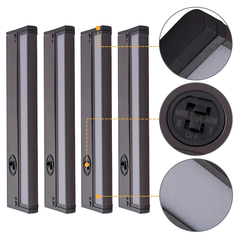 Lot de 4 spots LED intégrés pour sous-meuble, couleur bronze, intensité réglable (3000K/3500K/4000K).