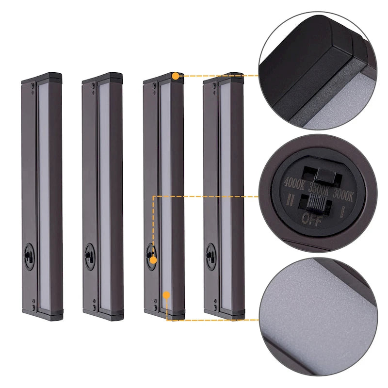 Lot de 4 spots LED intégrés pour sous-meuble, couleur bronze, intensité réglable (3000K/3500K/4000K).
