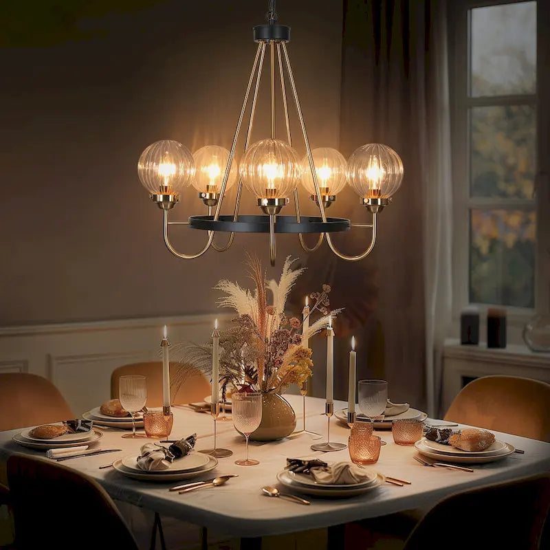 Modern Farmhouse 5-Light Black Gold Chandelier Wheel Shape Pendant Lights for Dining Room - 22  D x 21.5  H