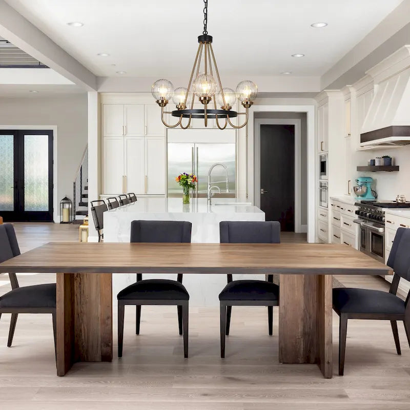 Lustre moderne de style ferme à 5 lumières, noir et or, en forme de roue, suspension idéale pour la salle à manger - 56 cm de diamètre x 55 cm de hauteur