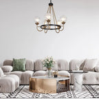 Lustre moderne de style ferme à 5 lumières, noir et or, en forme de roue, suspension idéale pour la salle à manger - 56 cm de diamètre x 55 cm de hauteur