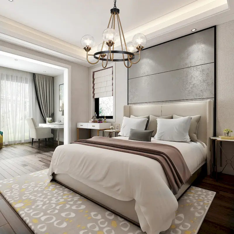 Lustre moderne de style ferme à 5 lumières, noir et or, en forme de roue, suspension idéale pour la salle à manger - 56 cm de diamètre x 55 cm de hauteur