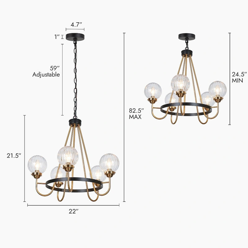 Lustre moderne de style ferme à 5 lumières, noir et or, en forme de roue, suspension idéale pour la salle à manger - 56 cm de diamètre x 55 cm de hauteur