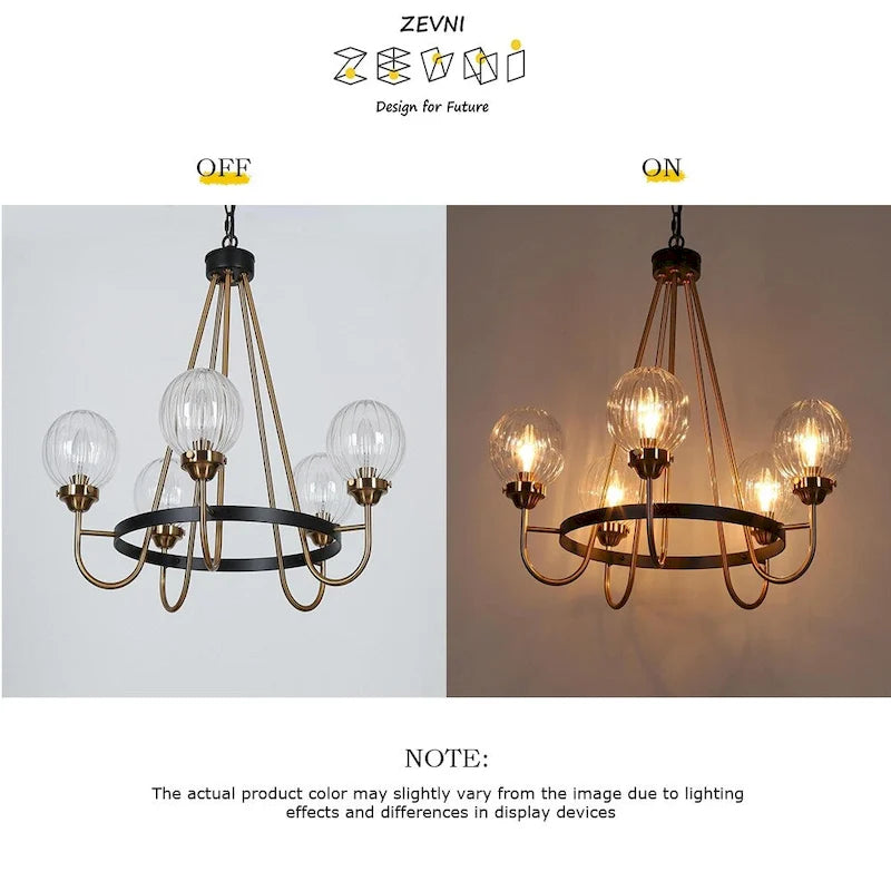 Lustre moderne de style ferme à 5 lumières, noir et or, en forme de roue, suspension idéale pour la salle à manger - 56 cm de diamètre x 55 cm de hauteur