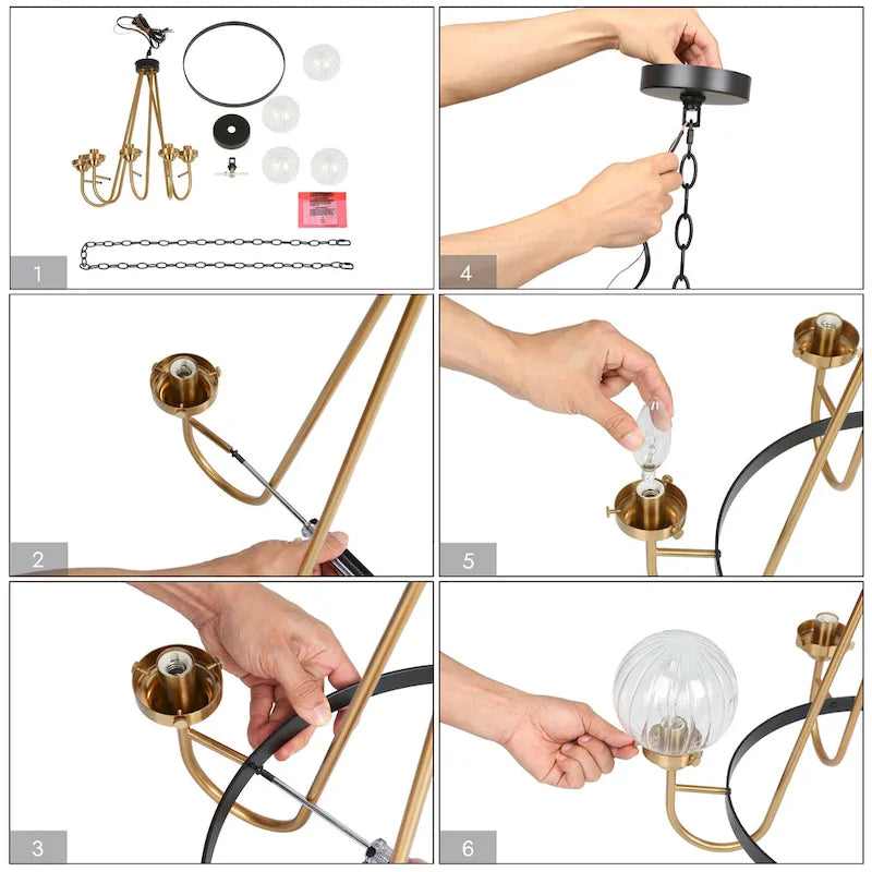 Lustre moderne de style ferme à 5 lumières, noir et or, en forme de roue, suspension idéale pour la salle à manger - 56 cm de diamètre x 55 cm de hauteur