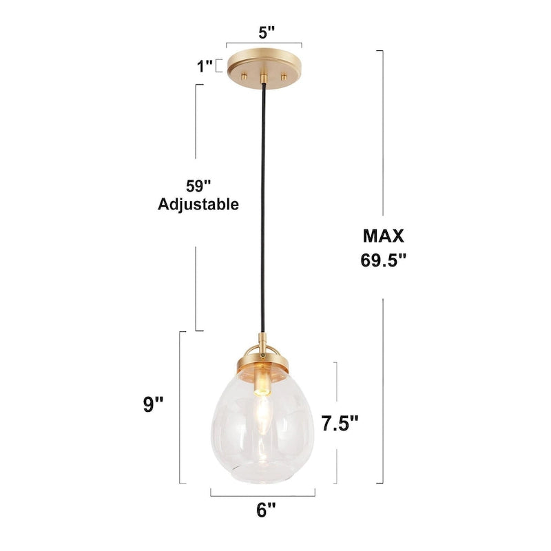Suspension moderne en verre doré à une lumière, intensité variable, pour îlot de salle à manger - 15 cm de diamètre x 23 cm de hauteur