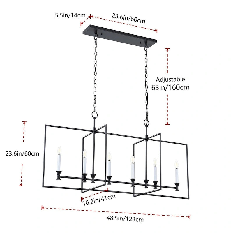 Applique murale de style ferme à 6 lumières avec cadre en métal pour îlot de cuisine - 48,5 cm de profondeur x 16,2 cm de largeur x 86,6 cm de hauteur (réglable)