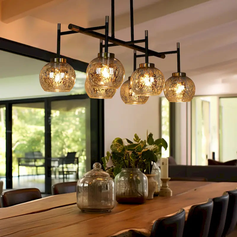 Modern Glam 3/6-Light Black Gold Linear Chandelier Kitchen Island Pendant Lights with Mercury Glass