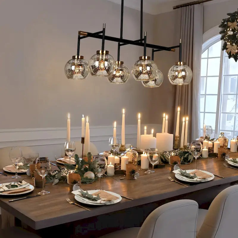 Lustre linéaire moderne et glamour à 3 ou 6 lumières, noir et or, suspension pour îlot de cuisine avec verre mercurisé