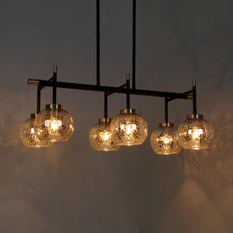 Lustre linéaire moderne et glamour à 3 ou 6 lumières, noir et or, suspension pour îlot de cuisine avec verre mercurisé