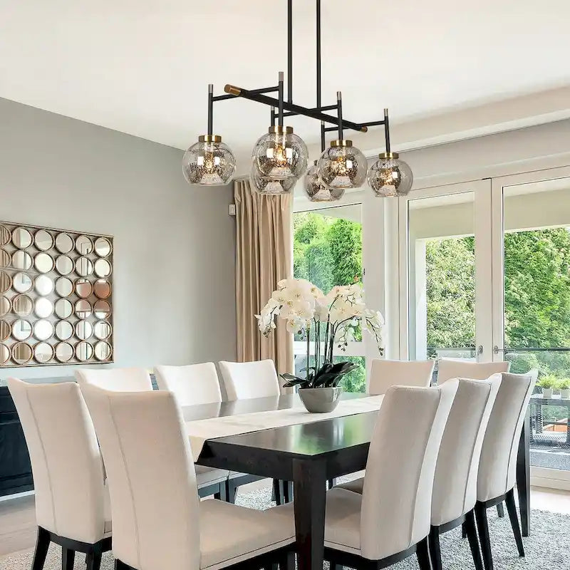 Lustre linéaire moderne et glamour à 3 ou 6 lumières, noir et or, suspension pour îlot de cuisine avec verre mercurisé