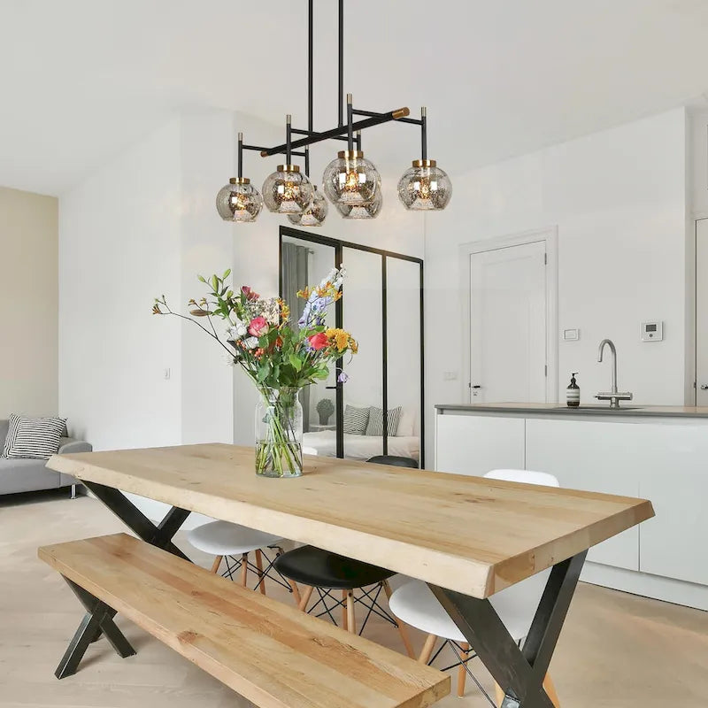 Lustre linéaire moderne et glamour à 3 ou 6 lumières, noir et or, suspension pour îlot de cuisine avec verre mercurisé