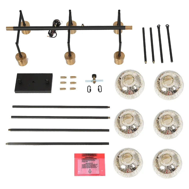 Lustre linéaire moderne et glamour à 3 ou 6 lumières, noir et or, suspension pour îlot de cuisine avec verre mercurisé