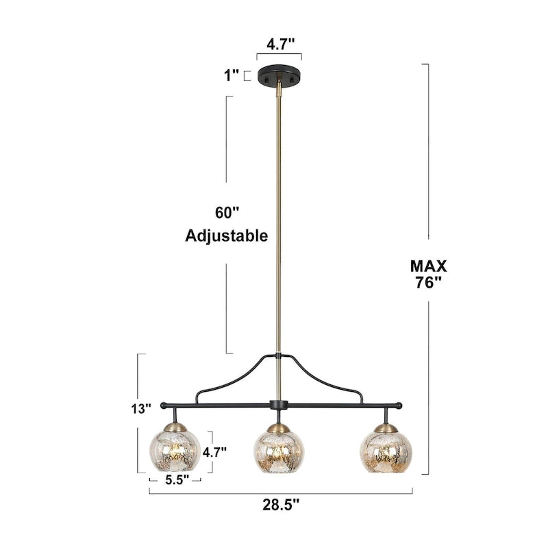 Lustre linéaire moderne et glamour à 3 ou 6 lumières, noir et or, suspension pour îlot de cuisine avec verre mercurisé