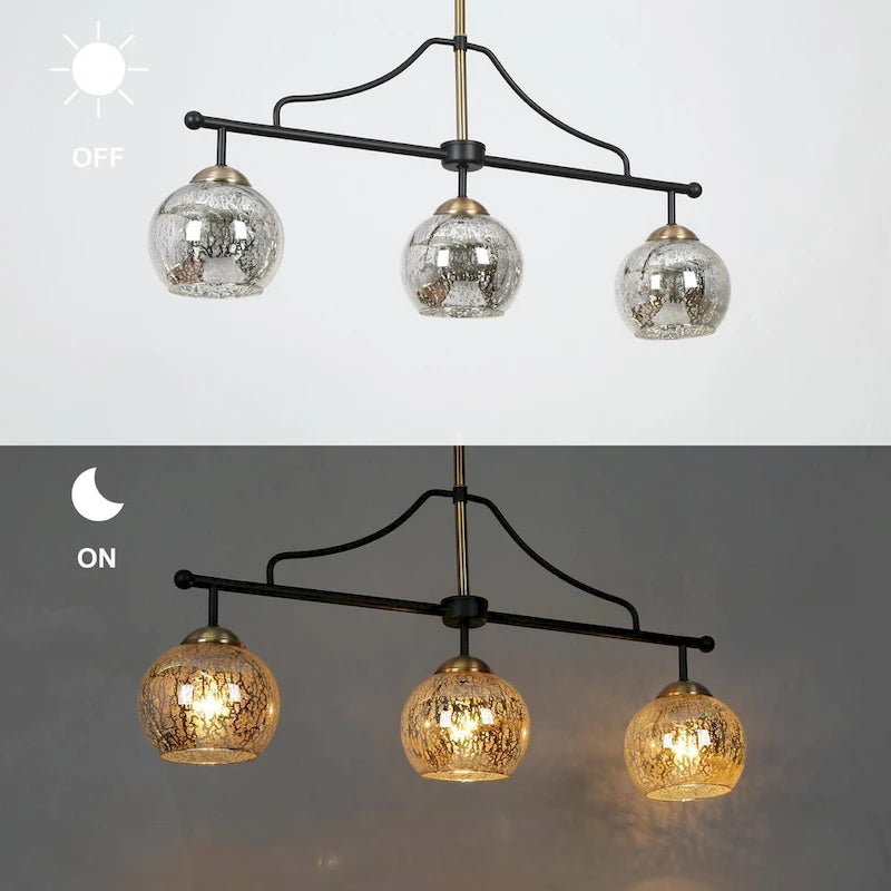 Lustre linéaire moderne et glamour à 3 ou 6 lumières, noir et or, suspension pour îlot de cuisine avec verre mercurisé