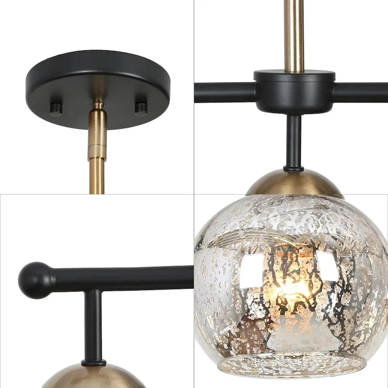 Lustre linéaire moderne et glamour à 3 ou 6 lumières, noir et or, suspension pour îlot de cuisine avec verre mercurisé