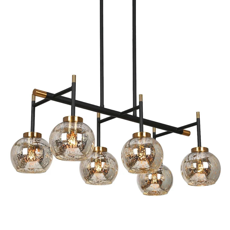 Lustre linéaire moderne et glamour à 3 ou 6 lumières, noir et or, suspension pour îlot de cuisine avec verre mercurisé