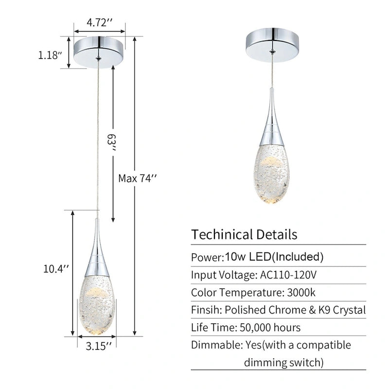 Suspension moderne à une lumière et à intensité variable pour îlot de cuisine