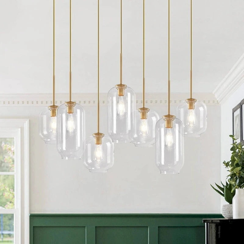 Suspension linéaire à 7 lumières avec abat-jour en verre - Style moderne du milieu du siècle